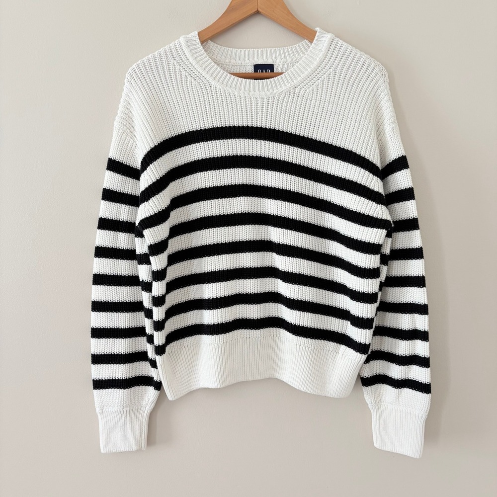 GAP Sweater Pullover XL White Black Striped Shaker Stitch Cotton Crewneck